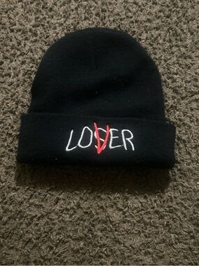 Black Embroidered "LOVER" Cuffed Beanie Hat